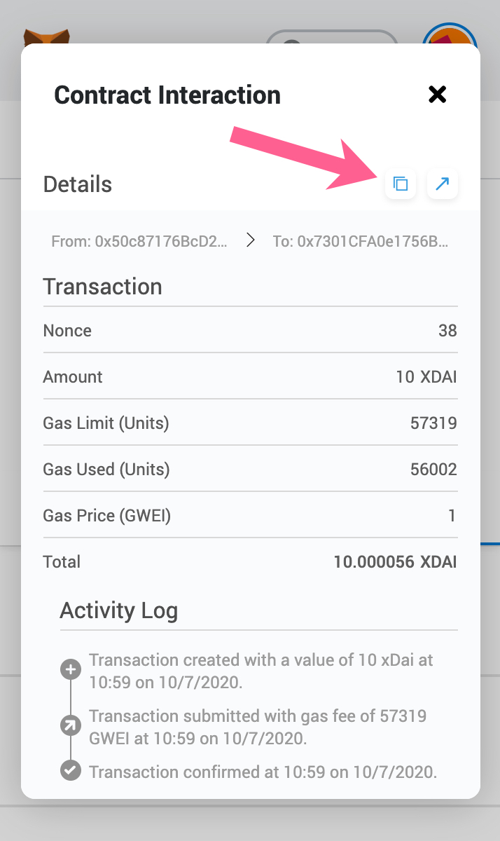 Copy the tx hash for the contract interaction