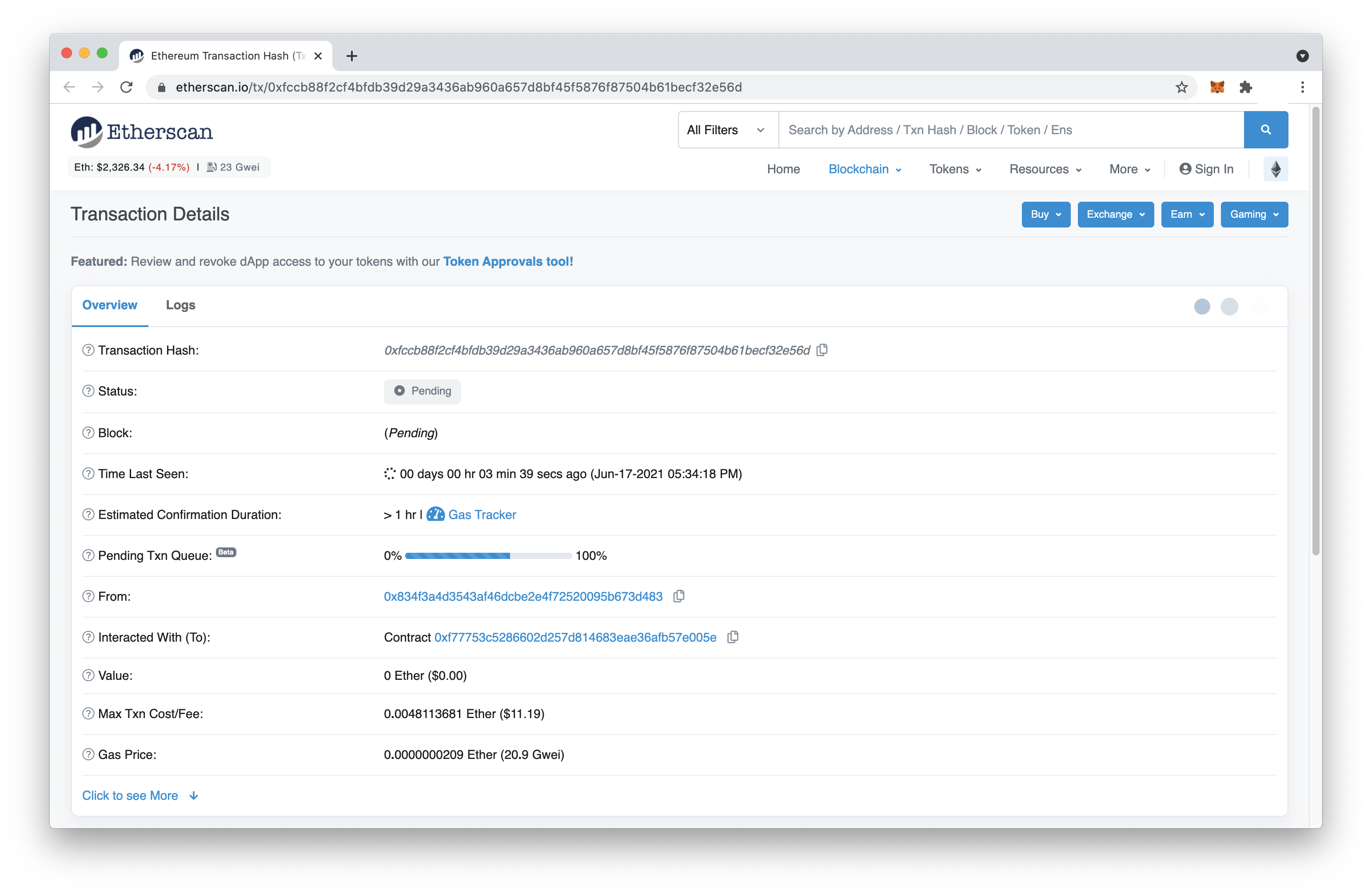 Tx pending in Etherscan